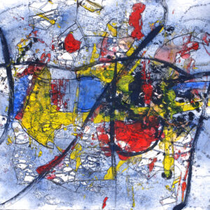 Abstract painting featuring gestural blue lines and vibrant yellow and red accents on a textured background. Acrylic on canvas, 80 × 100 cm.