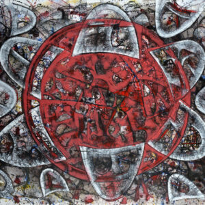 Modern abstract painting featuring a dominant red circular form within a textured geometric composition. Acrylic on canvas, 105 × 75 cm.